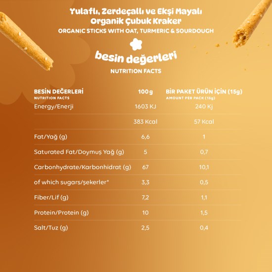 Organik Yulaflı Zerdeçallı ve Ekşi Mayalı Çubuk Kraker - 6 Adet