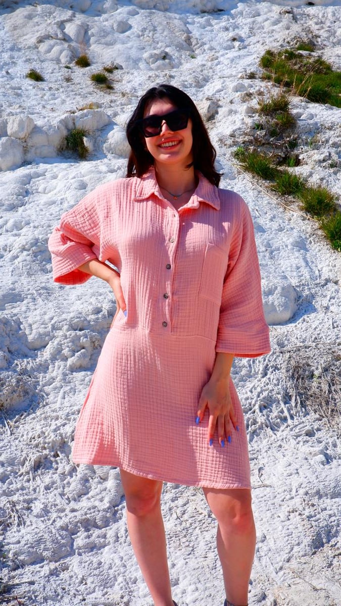 Spring-Summer Collection Müslin Elbise-Pudra