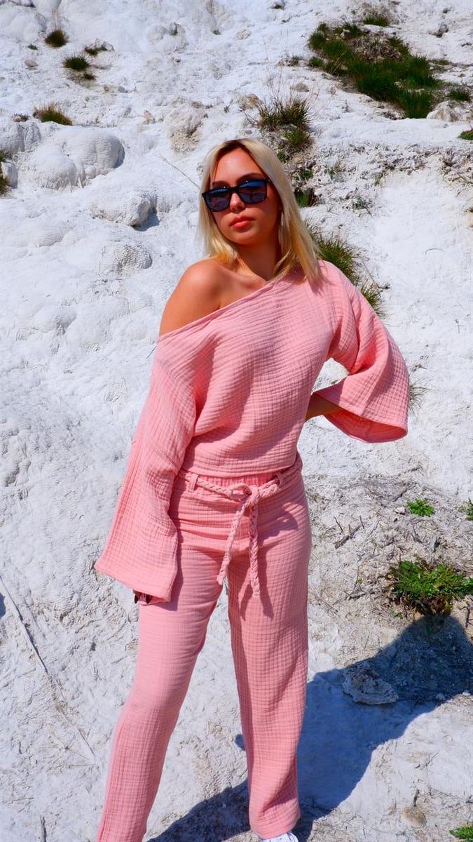 Spring-Summer Collection Müslin Pantolon Tek Omuz Krop Takımı-Pudra
