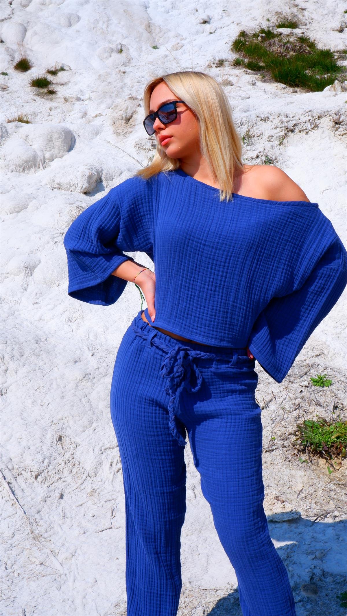Spring-Summer Collection Müslin Pantolon Tek Omuz Krop Takımı-Mavi