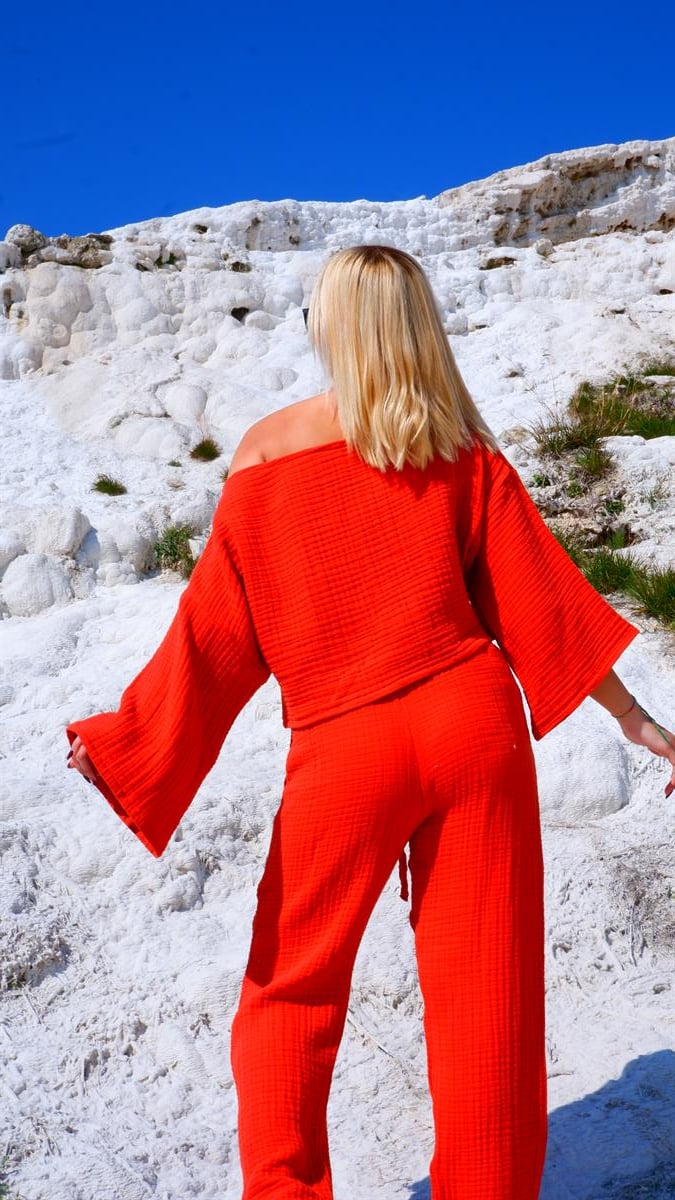 Spring-Summer Collection Müslin Pantolon Tek Omuz Krop Takımı-Kiremit