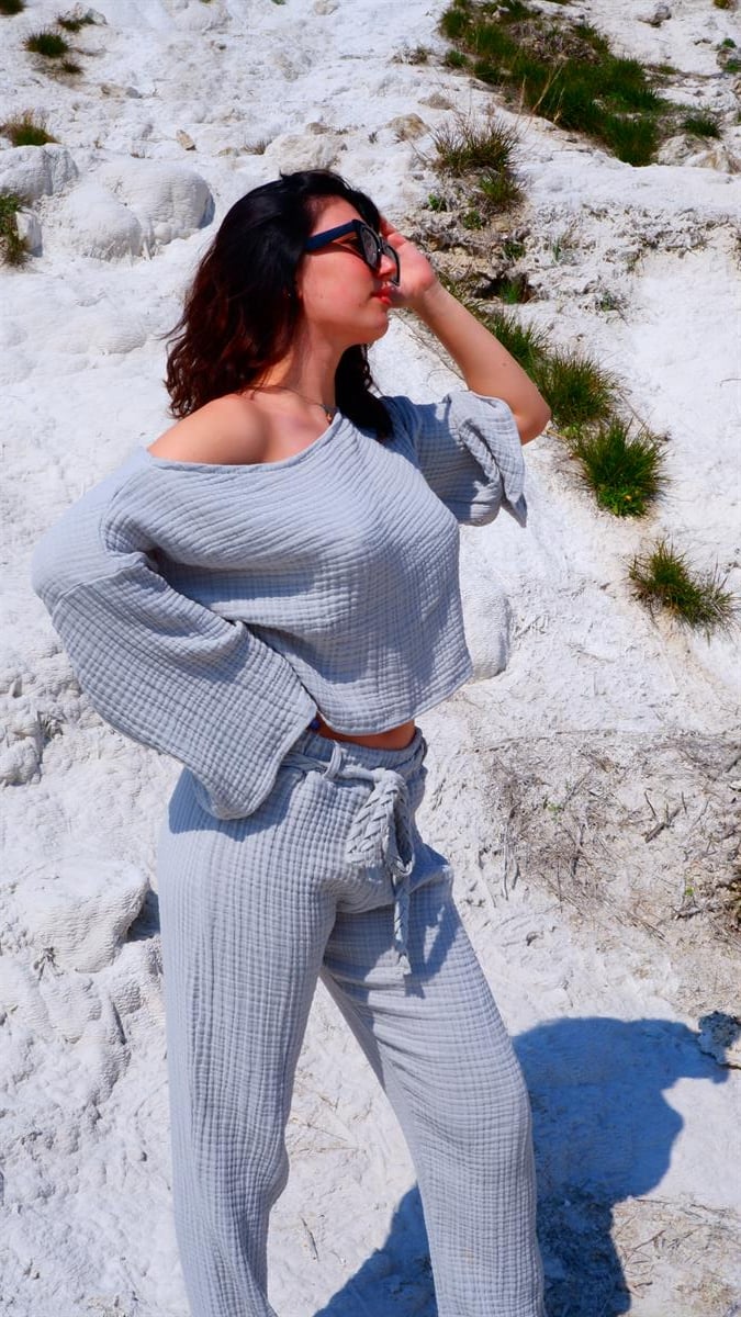 Spring-Summer Collection Müslin Pantolon Tek Omuz Krop Takımı-Gri