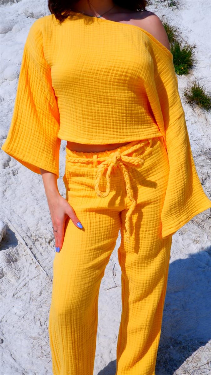 Spring-Summer Collection Müslin Pantolon Tek Omuz Krop Takımı-Sarı
