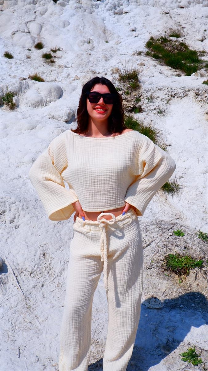 Spring-Summer Collection Müslin Pantolon Tek Omuz Krop Takımı-Krem