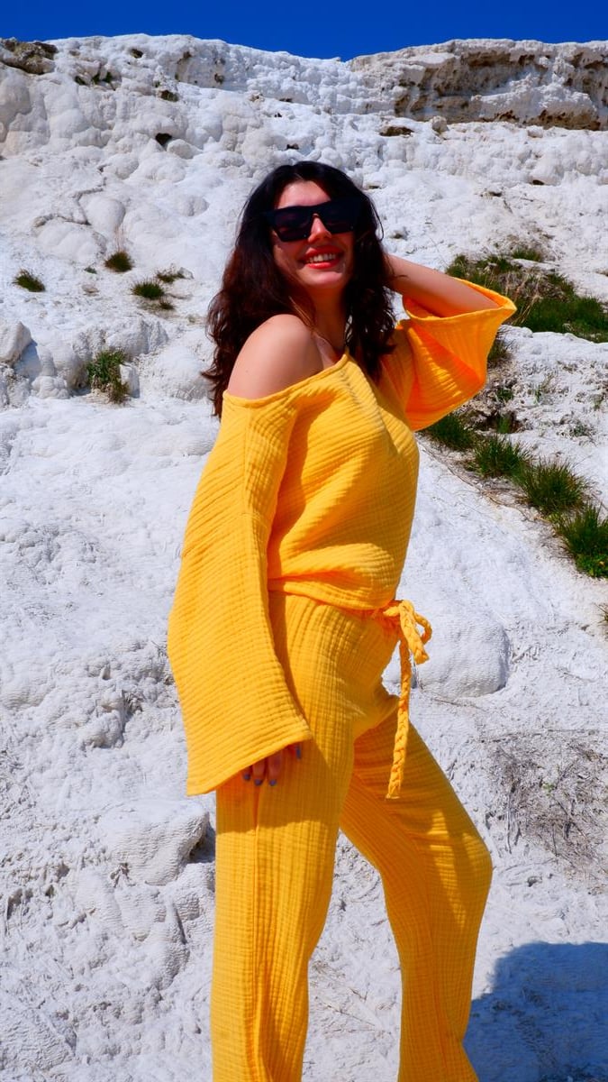Spring-Summer Collection Müslin Pantolon Tek Omuz Krop Takımı-Sarı