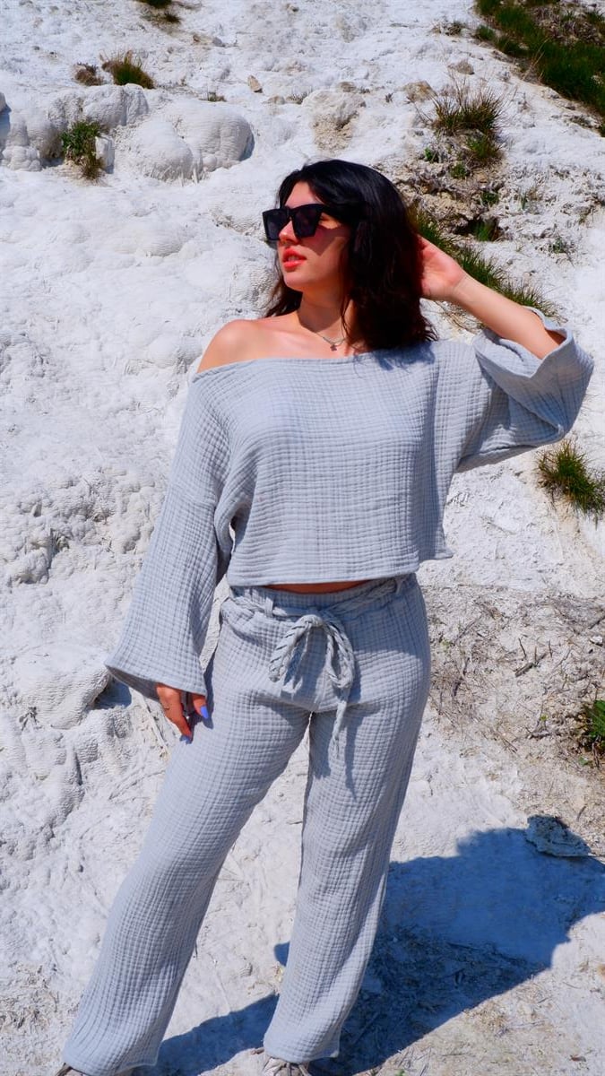 Spring-Summer Collection Müslin Pantolon Tek Omuz Krop Takımı-Gri