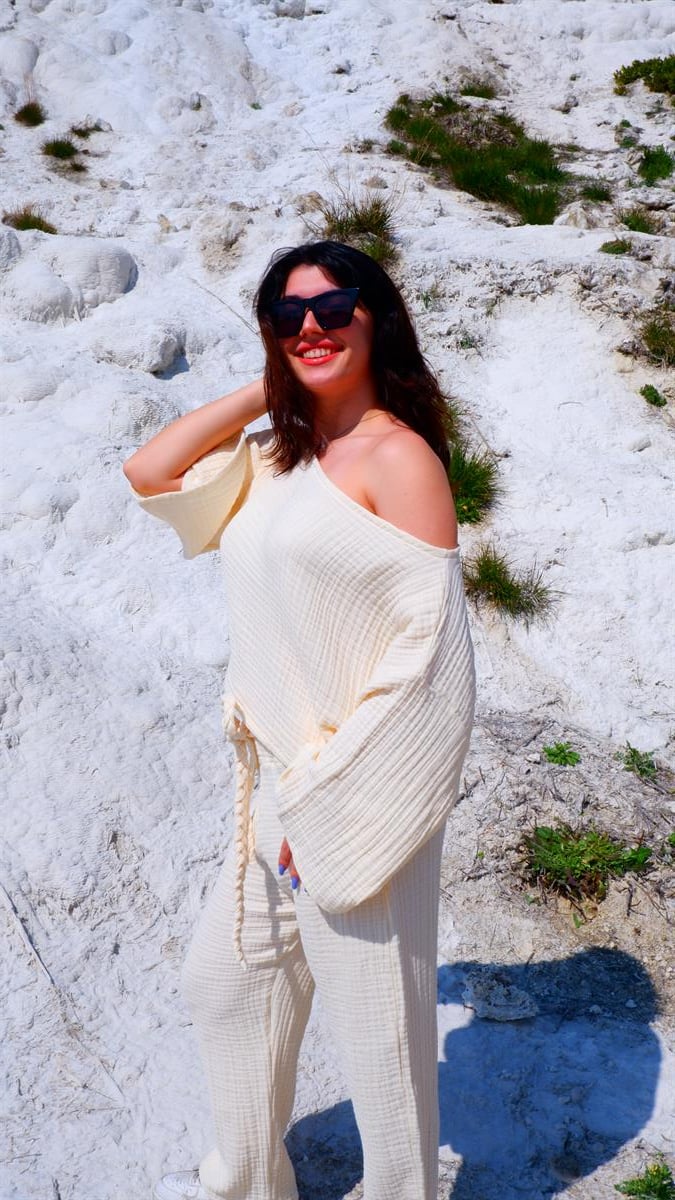 Spring-Summer Collection Müslin Pantolon Tek Omuz Krop Takımı-Krem