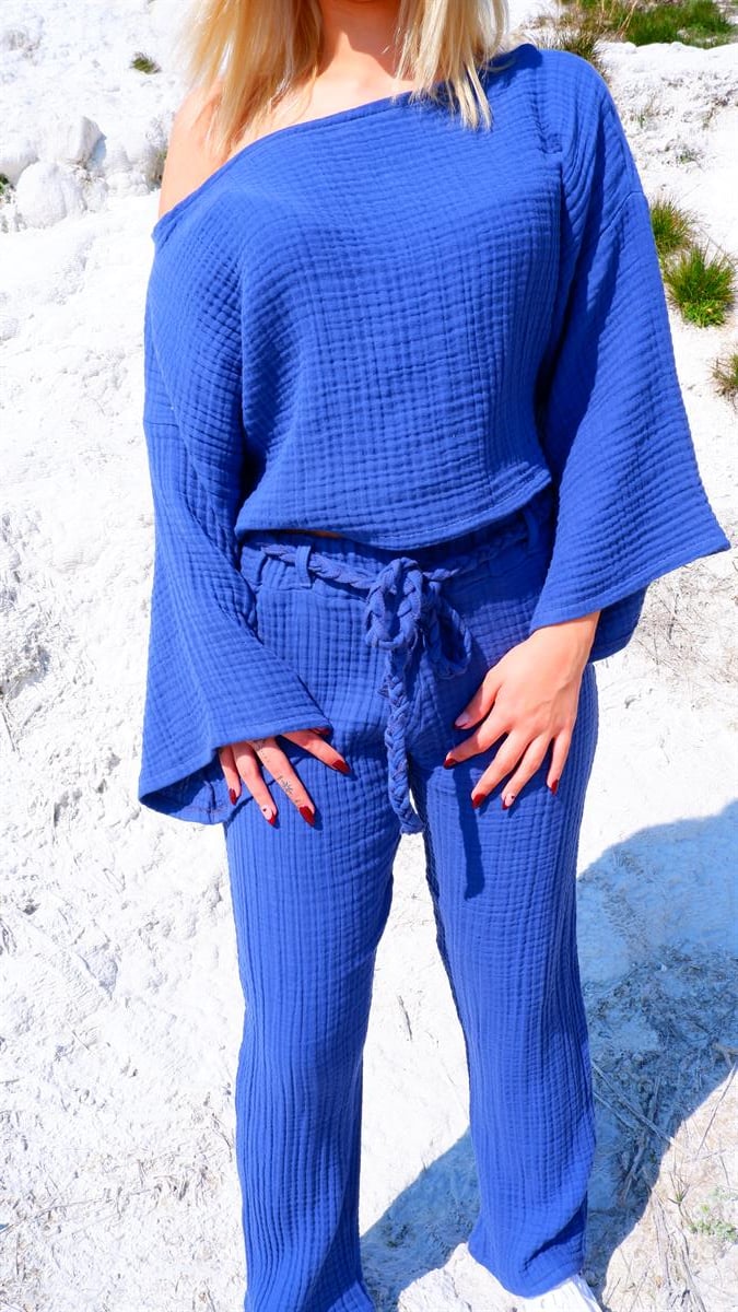 Spring-Summer Collection Müslin Pantolon Tek Omuz Krop Takımı-Mavi
