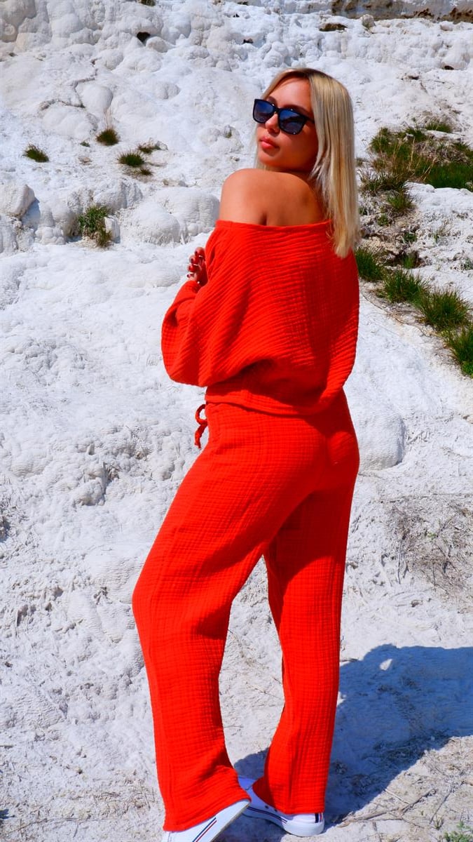 Spring-Summer Collection Müslin Pantolon Tek Omuz Krop Takımı-Kiremit
