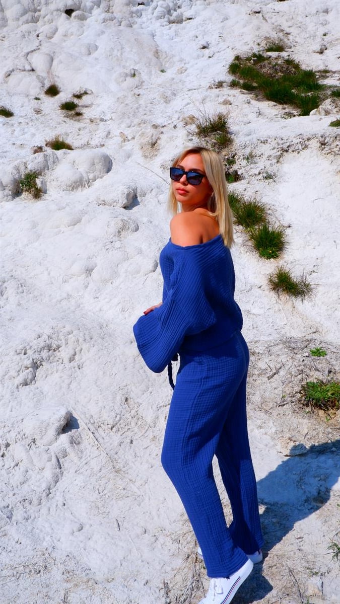 Spring-Summer Collection Müslin Pantolon Tek Omuz Krop Takımı-Mavi