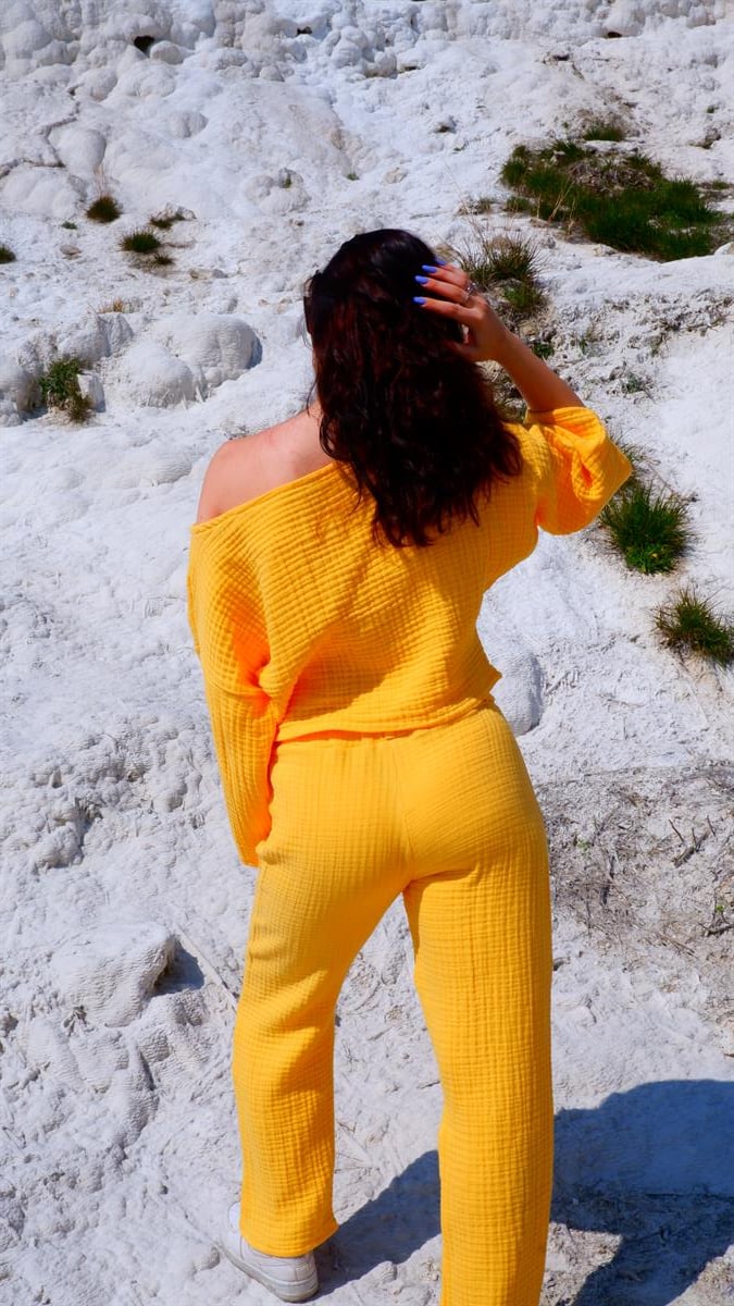 Spring-Summer Collection Müslin Pantolon Tek Omuz Krop Takımı-Sarı