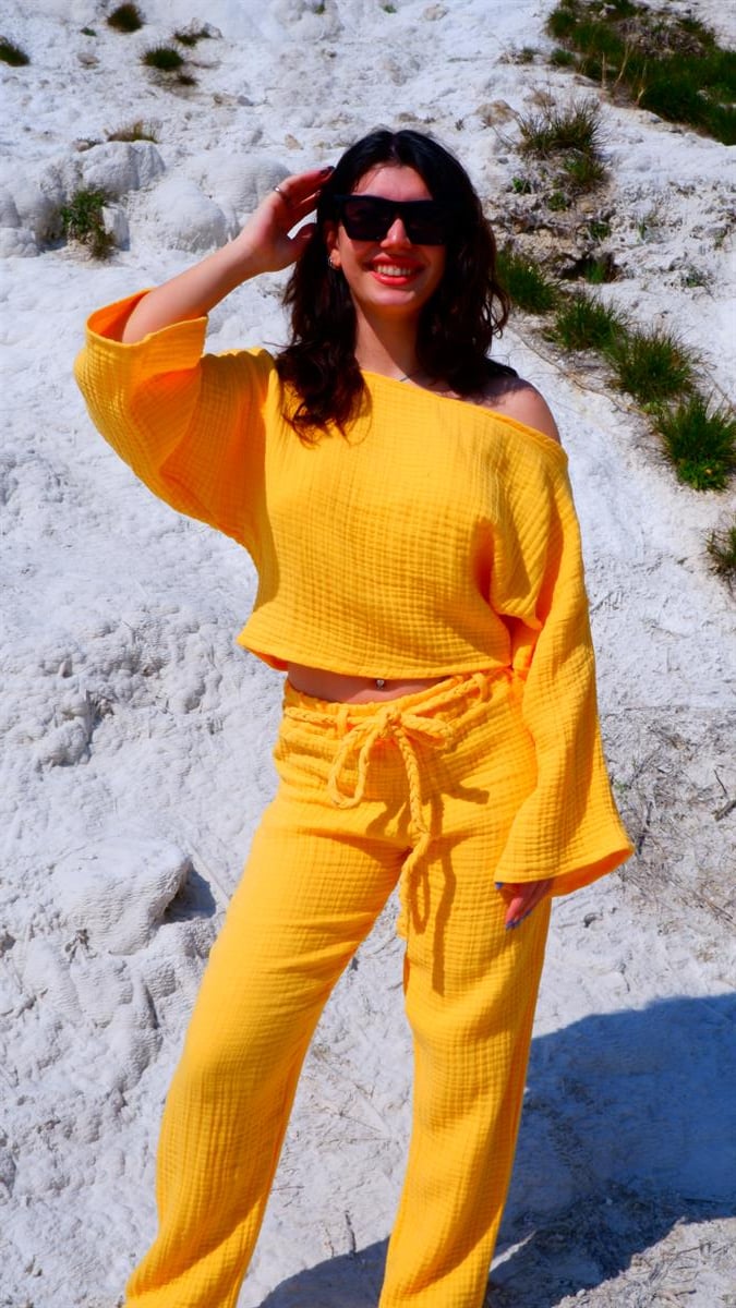 Spring-Summer Collection Müslin Pantolon Tek Omuz Krop Takımı-Sarı