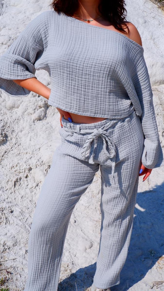 Spring-Summer Collection Müslin Pantolon Tek Omuz Krop Takımı-Gri