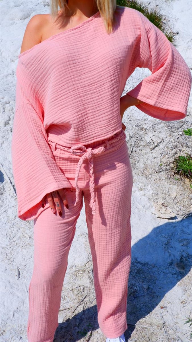 Spring-Summer Collection Müslin Pantolon Tek Omuz Krop Takımı-Pudra
