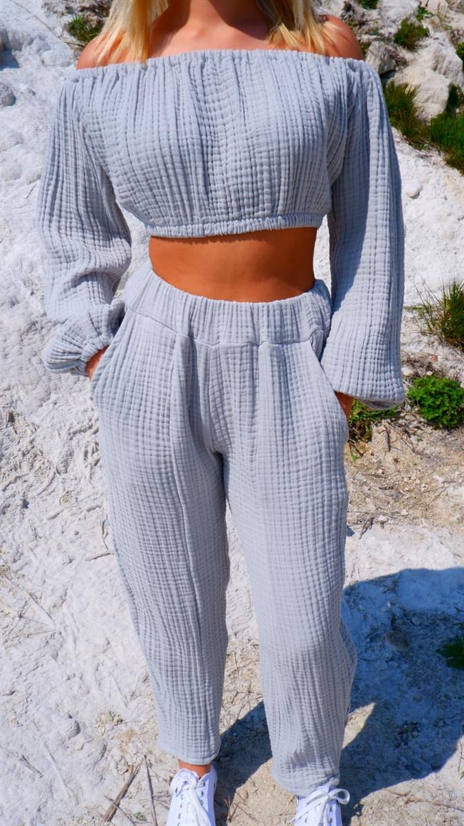Spring-Summer Collection Müslin Şalvar Krop Takım-Gri
