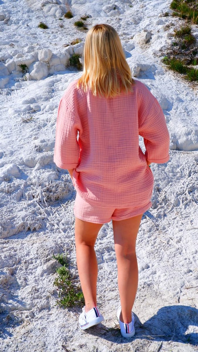 Spring-Summer Collection Müslin Şort Gömlek Takım-Pudra