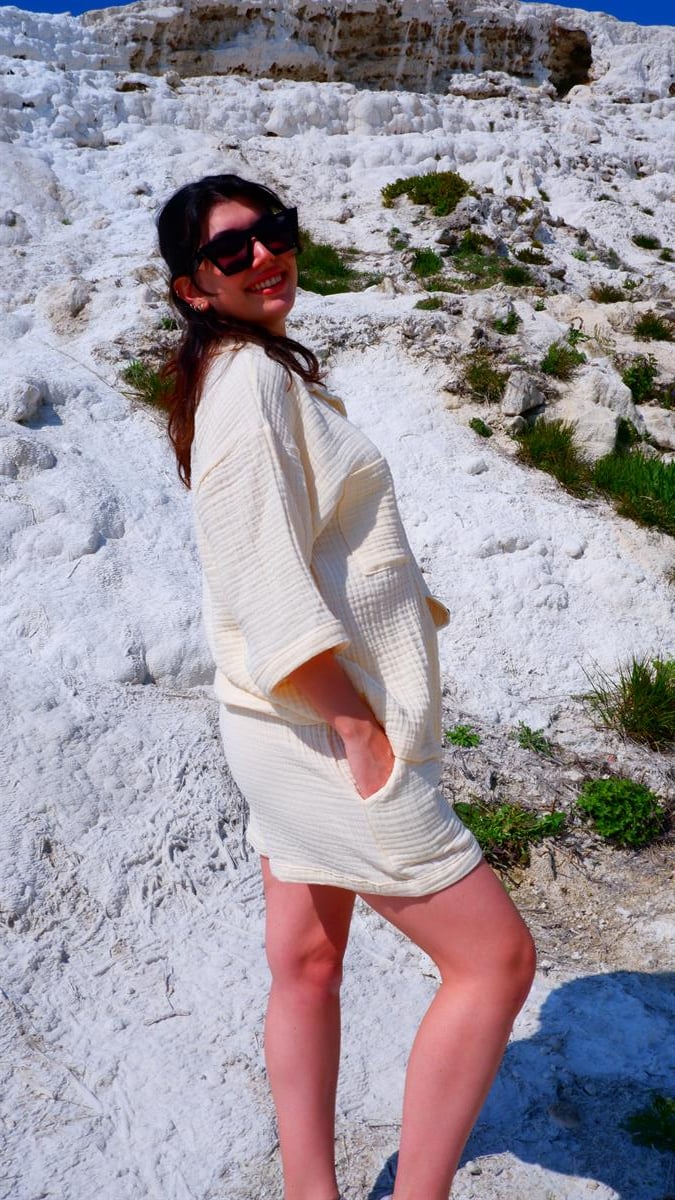 Spring-Summer Collection Müslin Şort Gömlek Takım-Krem
