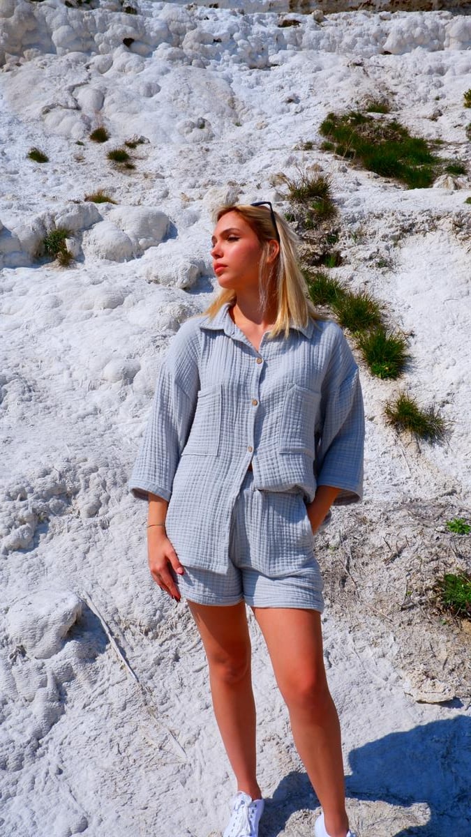 Spring-Summer Collection Müslin Şort Gömlek Takım-Gri