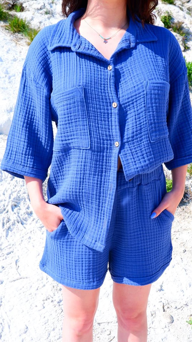 Spring-Summer Collection Müslin Şort Gömlek Takım-Mavi