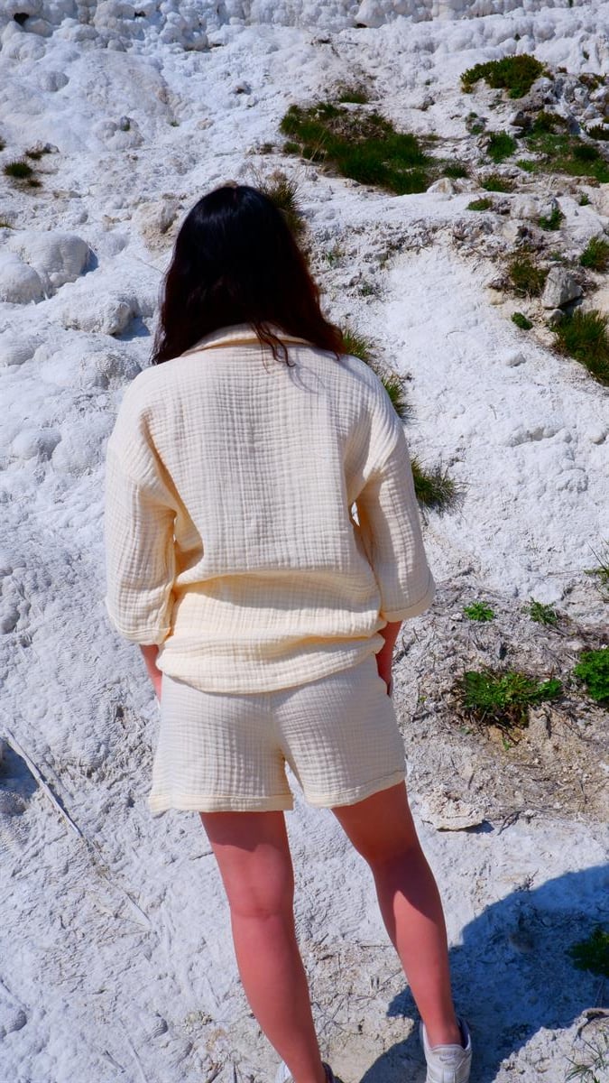 Spring-Summer Collection Müslin Şort Gömlek Takım-Krem