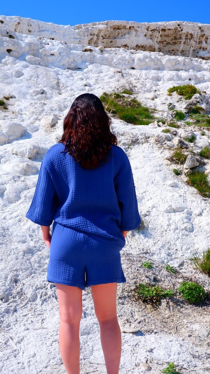 Spring-Summer Collection Müslin Şort Gömlek Takım-Mavi