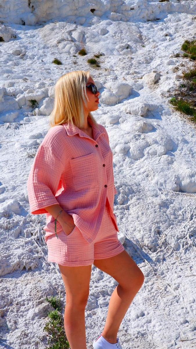 Spring-Summer Collection Müslin Şort Gömlek Takım-Pudra