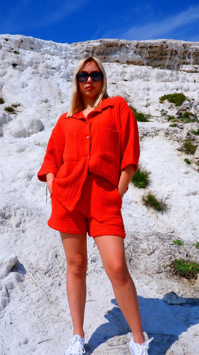 Spring-Summer Collection Müslin Şort Gömlek Takım-Kiremit
