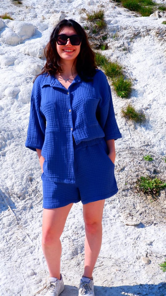 Spring-Summer Collection Müslin Şort Gömlek Takım-Mavi