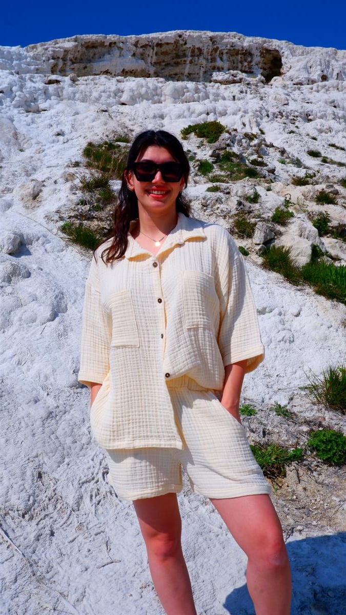 Spring-Summer Collection Müslin Şort Gömlek Takım-Krem