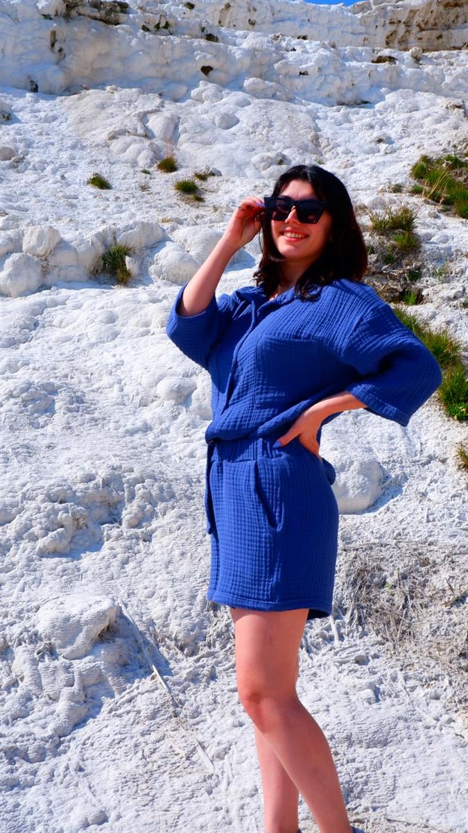 Spring-Summer Collection Müslin Şort Gömlek Takım-Mavi