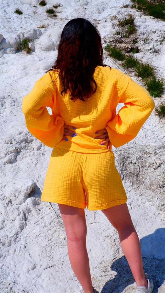 Spring-Summer Collection Müslin Şort Uzun Kollu Krop Takım-Sarı