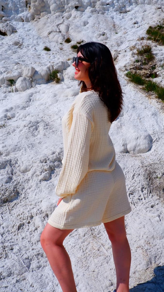 Spring-Summer Collection Müslin Şort Uzun Kollu Krop Takım-Krem