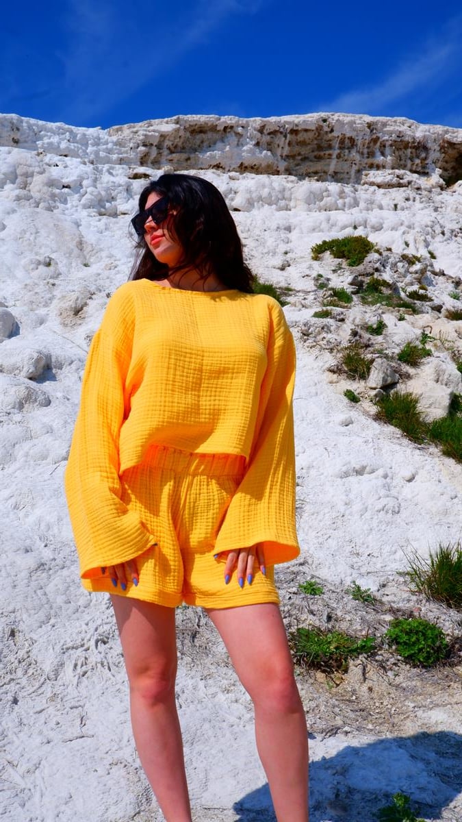 Spring-Summer Collection Müslin Şort Uzun Kollu Krop Takım-Sarı