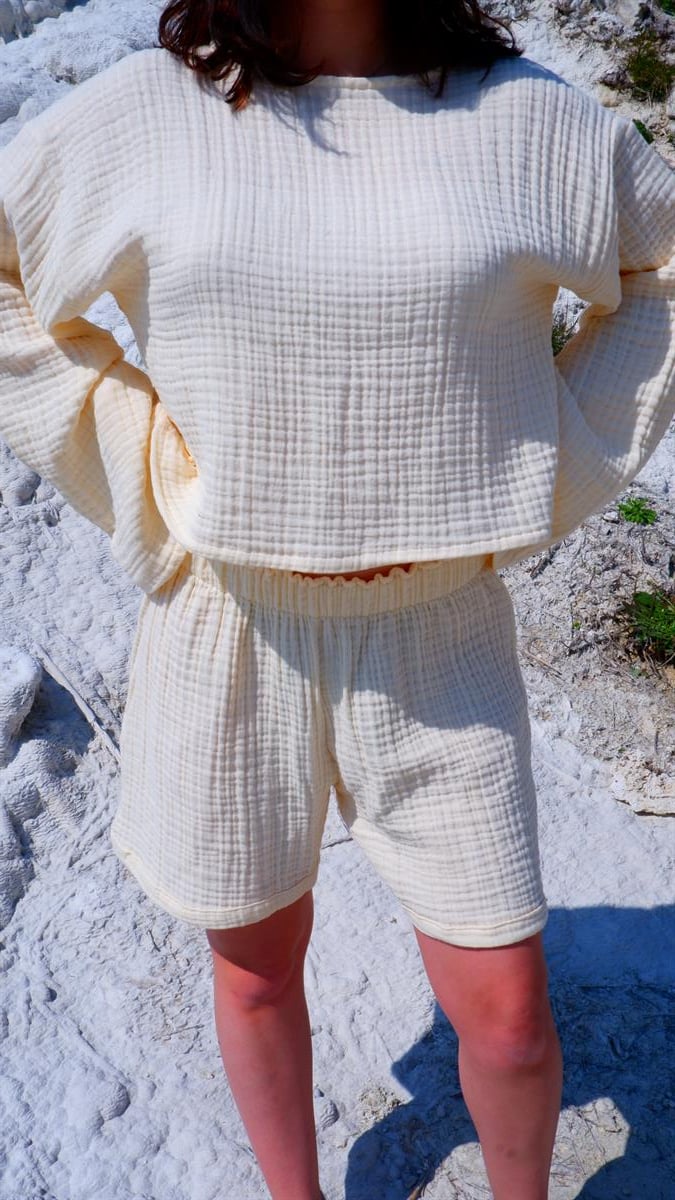 Spring-Summer Collection Müslin Şort Uzun Kollu Krop Takım-Krem