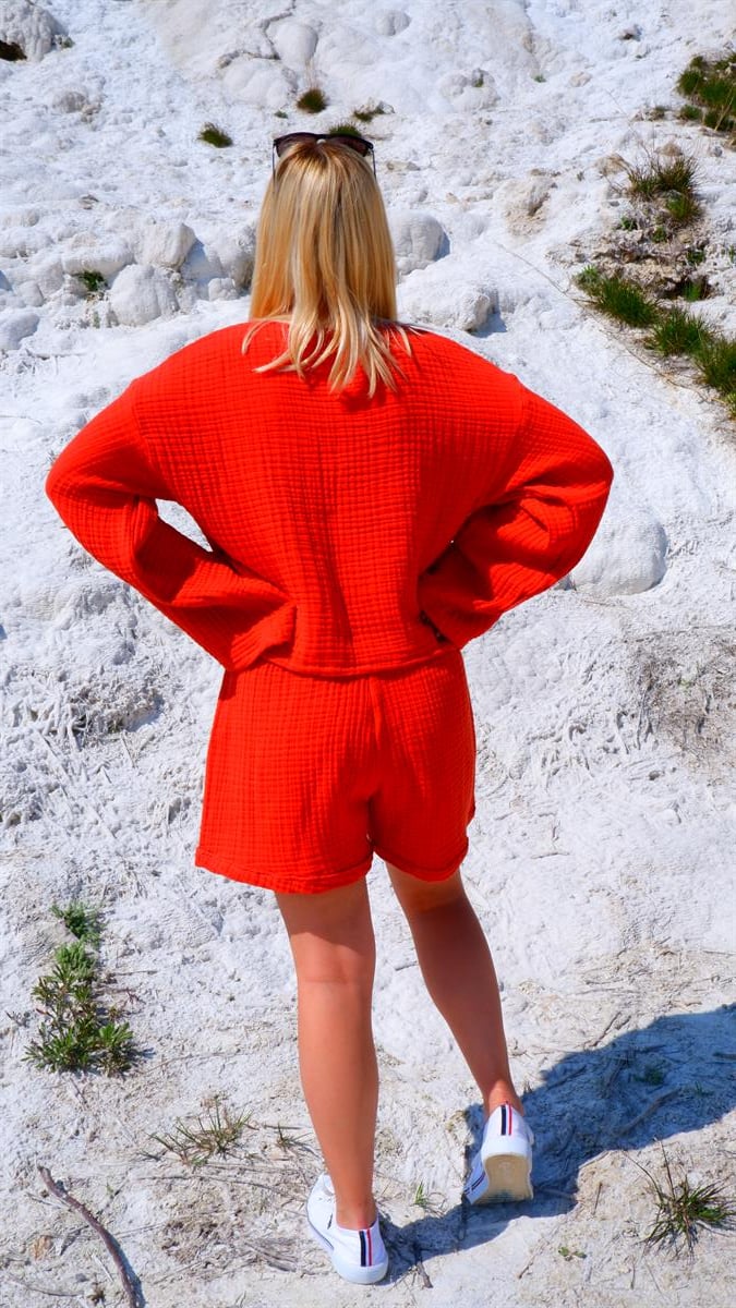 Spring-Summer Collection Müslin Şort Uzun Kollu Krop Takım-Kiremit
