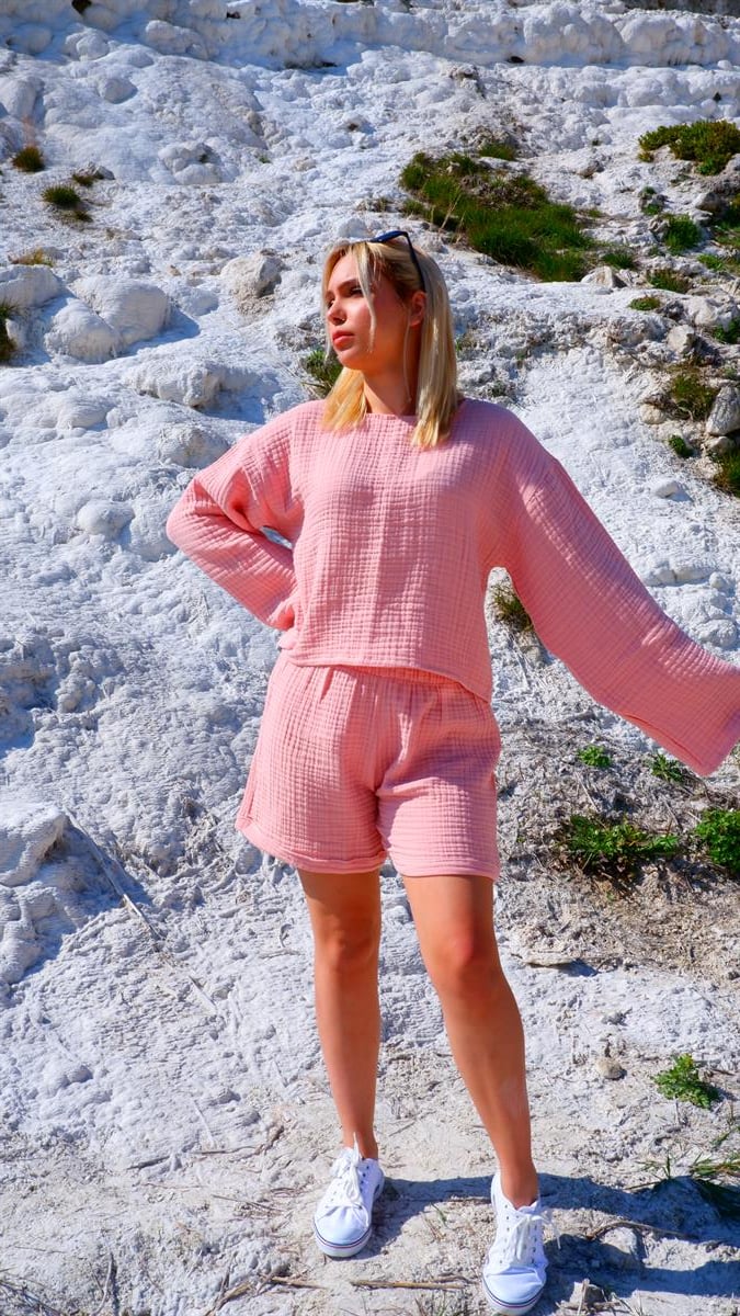 Spring-Summer Collection Müslin Şort Uzun Kollu Krop Takım-Pudra