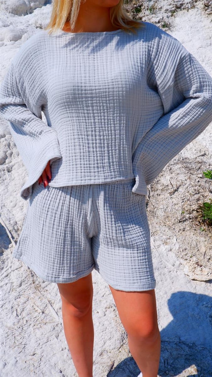 Spring-Summer Collection Müslin Şort Uzun Kollu Krop Takım-Gri