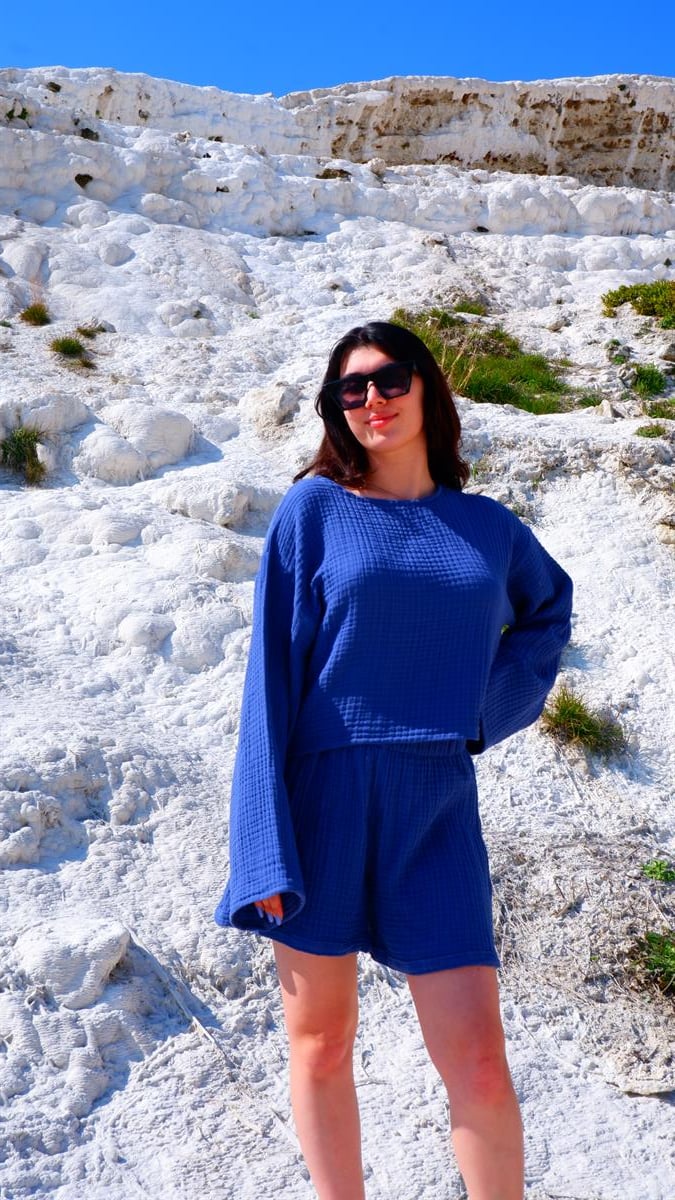 Spring-Summer Collection Müslin Şort Uzun Kollu Krop Takım-Mavi
