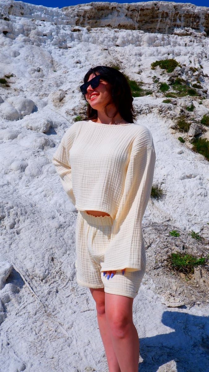 Spring-Summer Collection Müslin Şort Uzun Kollu Krop Takım-Krem