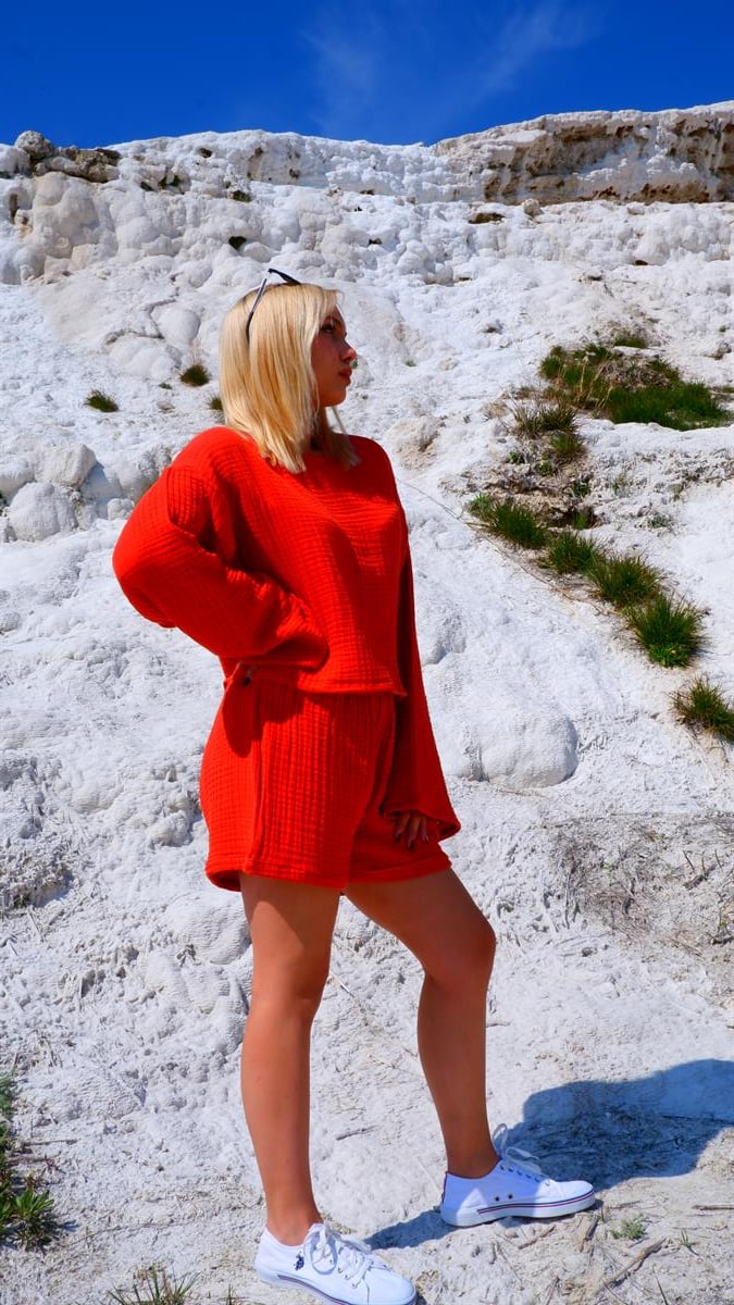 Spring-Summer Collection Müslin Şort Uzun Kollu Krop Takım-Kiremit
