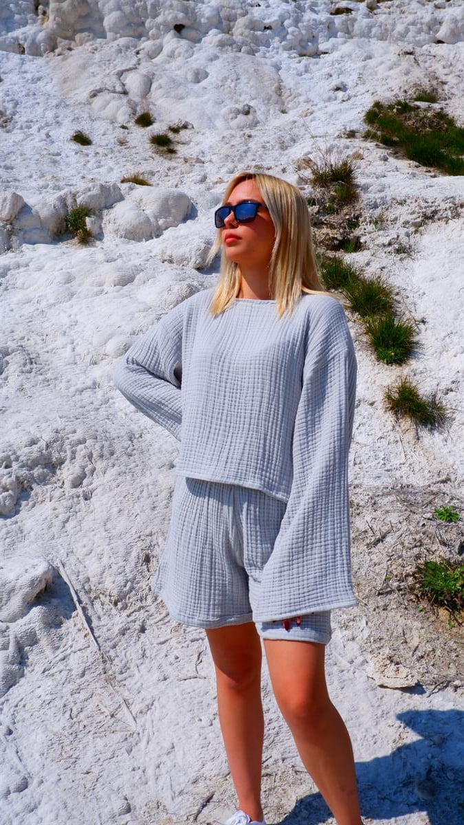 Spring-Summer Collection Müslin Şort Uzun Kollu Krop Takım-Gri