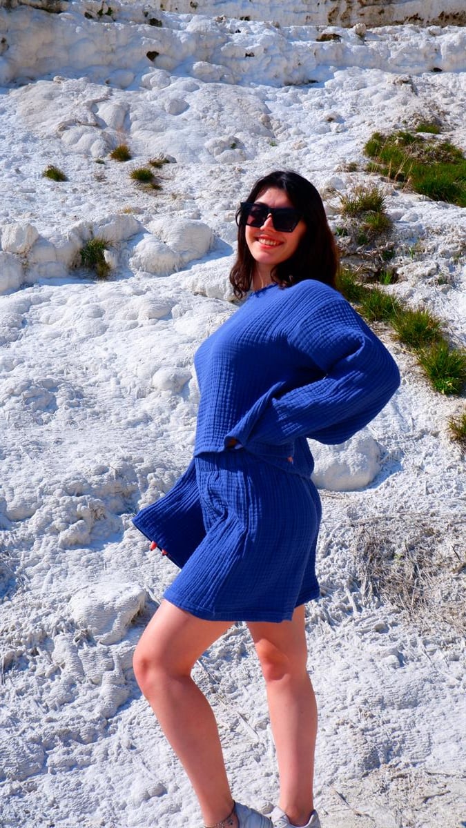 Spring-Summer Collection Müslin Şort Uzun Kollu Krop Takım-Mavi