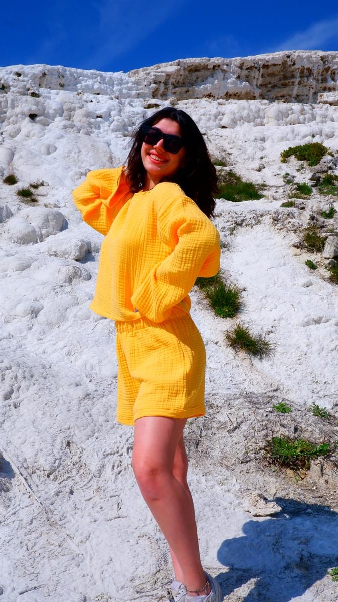 Spring-Summer Collection Müslin Şort Uzun Kollu Krop Takım-Sarı