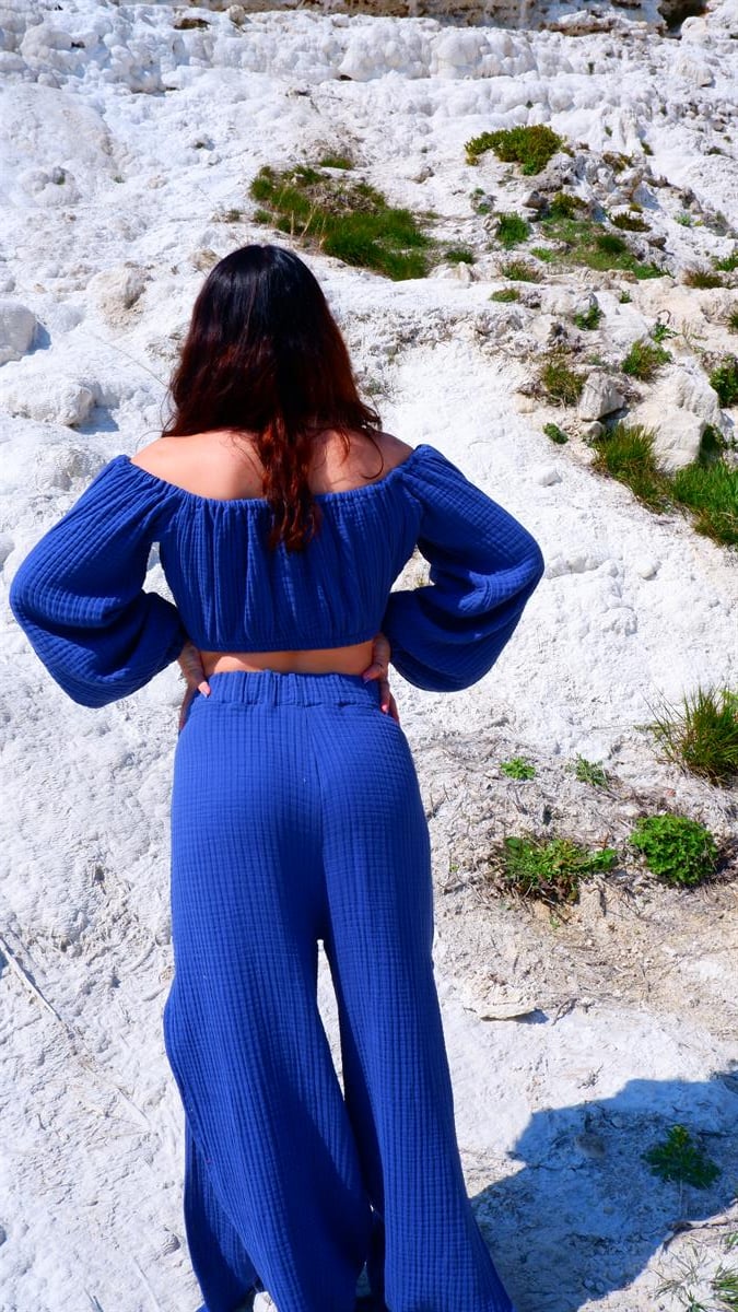 Spring-Summer Collection Müslin Yırtmaçlı Pantolon Krop Takımı-Mavi