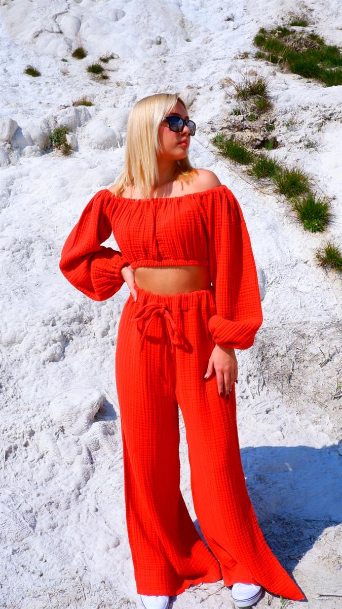 Spring-Summer Collection Müslin Yırtmaçlı Pantolon Krop Takımı-Kiremit
