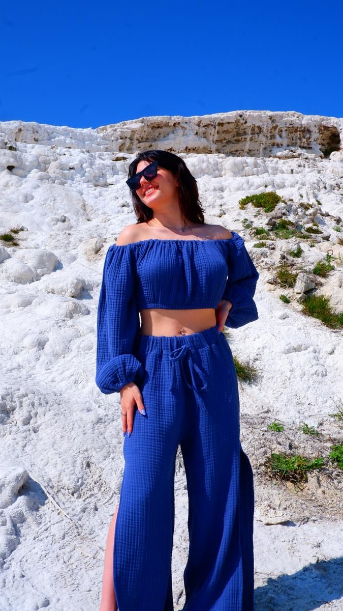 Spring-Summer Collection Müslin Yırtmaçlı Pantolon Krop Takımı-Mavi