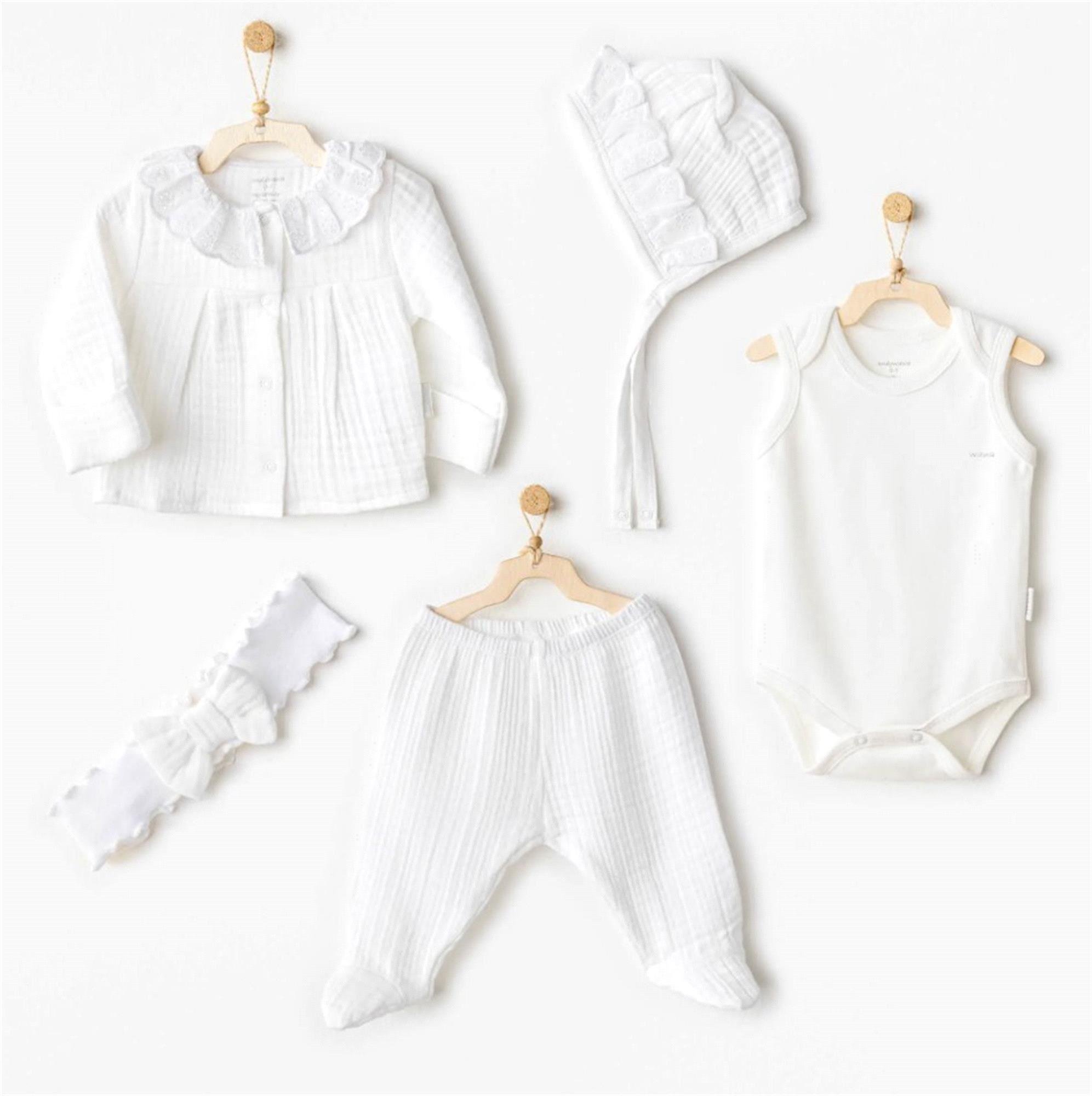 Andywawa Kız Bebek 5'li Hastane Çıkış Seti Beyaz AC25840