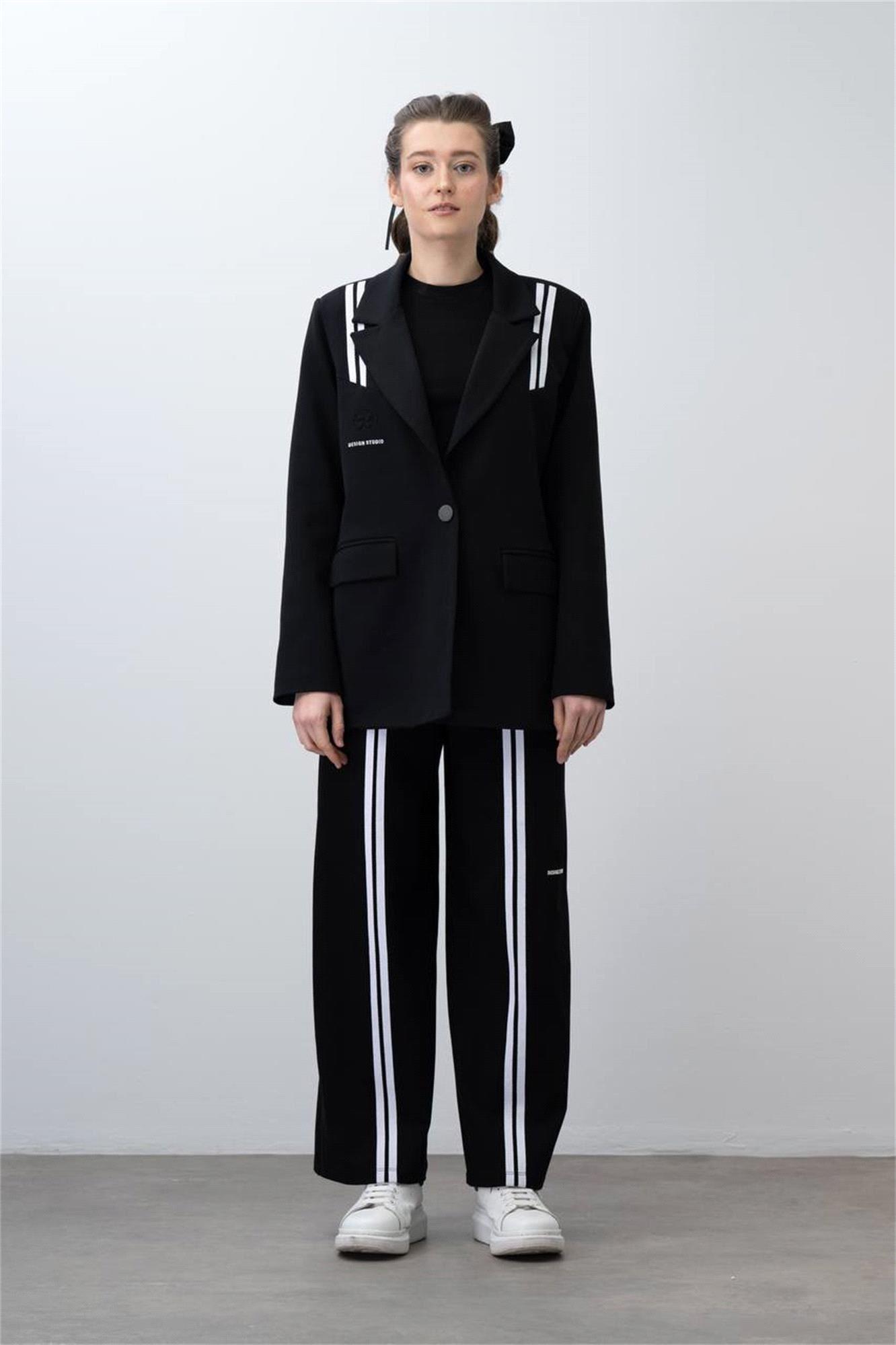 Loco Loco Kız Çocuk Şeritli Blazer Ceket Pantolon Takım Siyah 7495