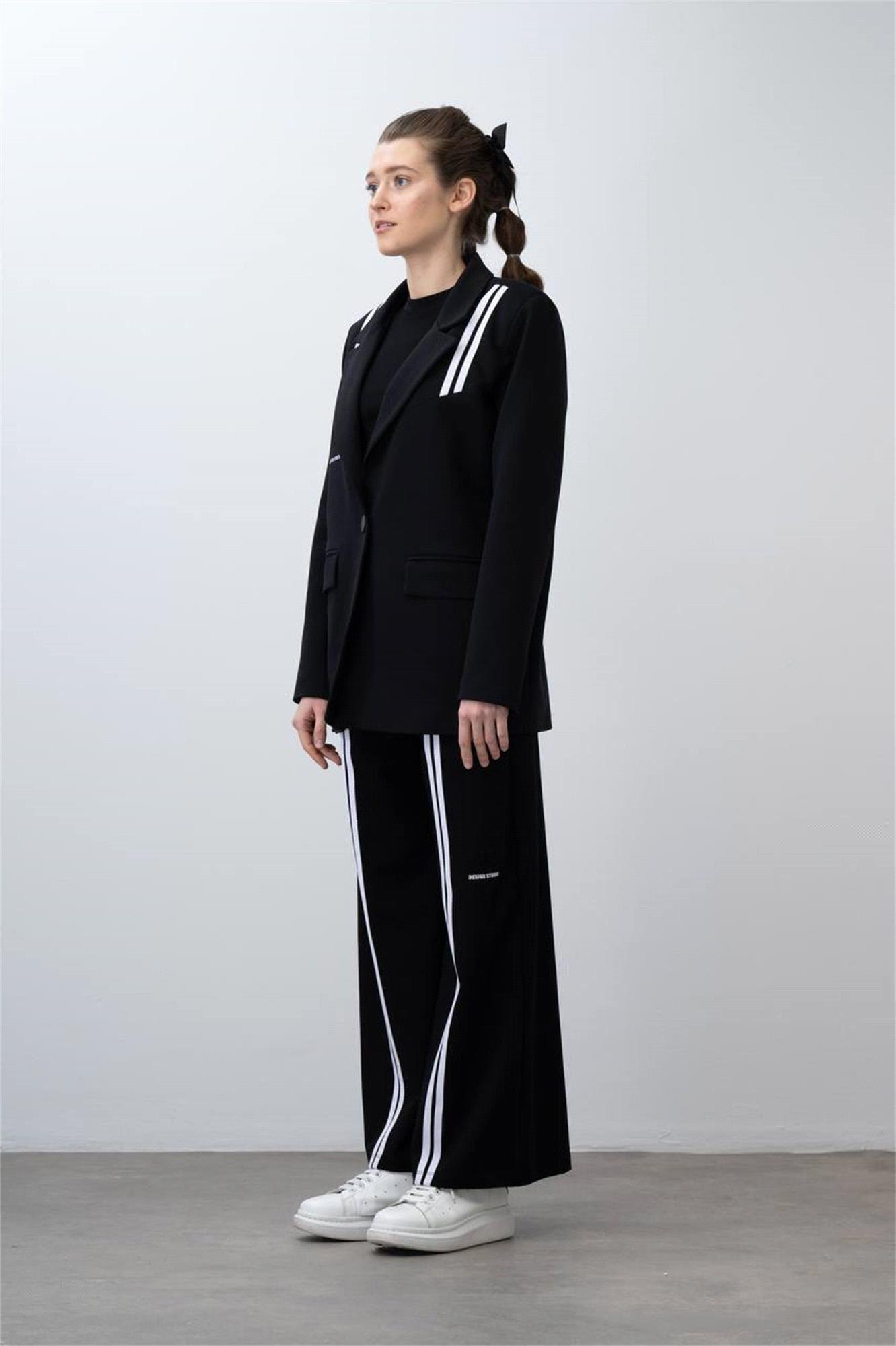 Loco Loco Kız Çocuk Şeritli Blazer Ceket Pantolon Takım Siyah 7495