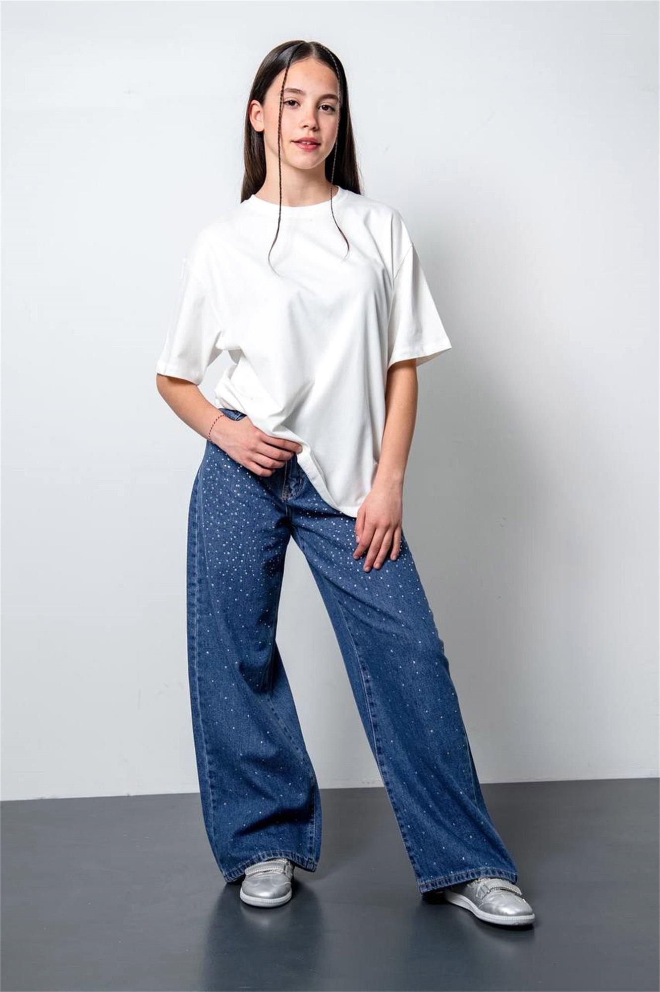 Loco Loco Kız Çocuk Taşlı Pantolon Orta Mavi 6184